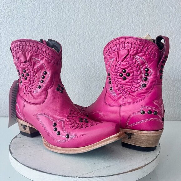 Lane COSSETTE Womens Cowboy Booties 8 Western Cowgirl Short Boots Pink Leather - Picture 1 of 11